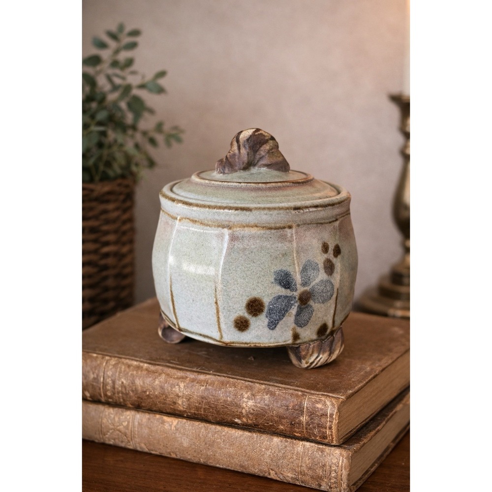 Vintage Signed Studio Pottery Lidded Jar Floral Stoneware Tripod Feet Folk Art